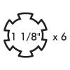 Diagram showing a circular object with six evenly spaced notches around the edge and the text "1 1/8" x 6"" written inside, indicating Universal Joint Dimensions compatible with Sparex PTO Yoke - Quick Release (U/J Size: 23.8 x 61.2mm), Size: 1 1/8''-6 Spline | Sparex Part No.S.3430 components.