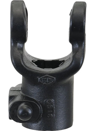 A Sparex PTO Yoke - Quick Release (U/J Size: 23.8 x 61.2mm) with a black finish, featuring a cylindrical base and U-shaped upper section, sized at 1 1/8''-6 Spline, Sparex Part No.S.3430.