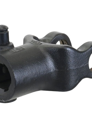 The Sparex PTO Yoke - Quick Release (U/J Size: 23.8 x 61.2mm) in black metallic finish features a cylindrical base and two looped extensions. Designed to fit Universal Joint Dimensions, this lever includes a protruding pin on one side and exhibits slight wear around the loops, making it a reliable component for the PTO Series. The specific size is 1 1/8''-6 Spline, corresponding to Sparex Part No.S.3430.