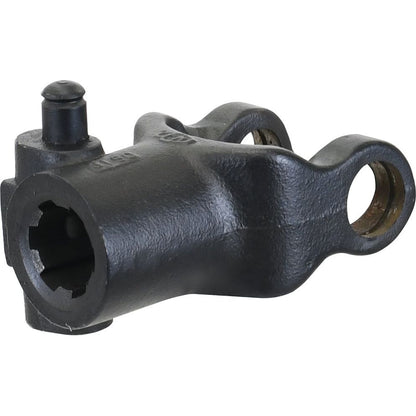 The Sparex PTO Yoke - Quick Release (U/J Size: 23.8 x 61.2mm) in black metallic finish features a cylindrical base and two looped extensions. Designed to fit Universal Joint Dimensions, this lever includes a protruding pin on one side and exhibits slight wear around the loops, making it a reliable component for the PTO Series. The specific size is 1 1/8''-6 Spline, corresponding to Sparex Part No.S.3430.