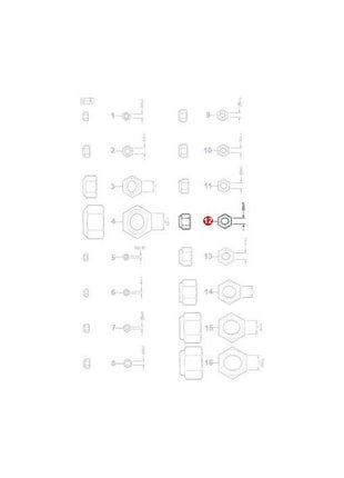 Schematic drawing of various mechanical parts with multiple views, including top, side, and section. Each part, such as the Massey Ferguson - Nut 5/8 UNF (Product Code: 353429X1, Item Number: 70922014) by AGCO, is labeled with corresponding numbers and dimensions.