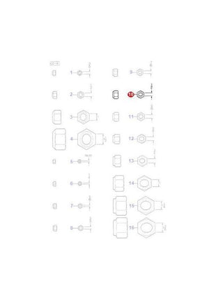 A technical drawing showcases various hexagonal nut and bolt configurations, each labeled with numbers and measurements, including an AGCO Massey Ferguson Nut 1/2 UNF Lock (353438X1) and other components, all arranged in a meticulous grid format.