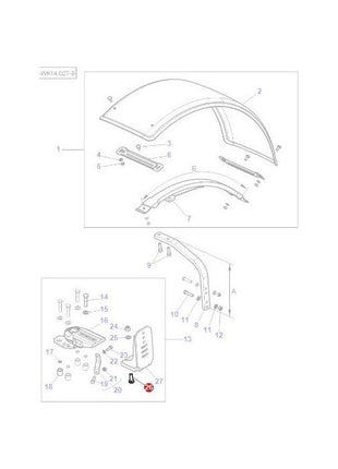 Exploded view diagram of AGCO Massey Ferguson 500 Series tractor parts, featuring a fender and related components. Parts are numbered and interconnected using bolts, screws, and brackets, including the Bolt Width Adjustment (F835700030050). A small inset diagram provides detailed assembly instructions.