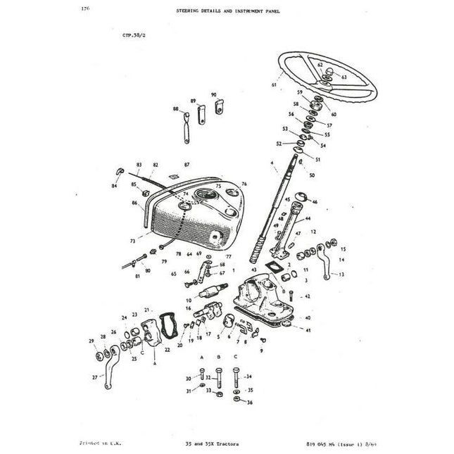 Diagram illustrating the components of a Massey Ferguson steering and instrument panel, labeled with numbers for identification. Includes genuine parts such as the steering wheel, gearshift lever, and various screws and bolts. For detailed reference, consult the AGCO Massey Ferguson - 35/35x Parts Manual - 819045M4.