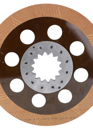 A circular metal brake disc with a brown surface, featuring nine evenly spaced holes and a star-shaped central hole, designed specifically for the Massey Ferguson 3000 Series, made by AGCO under product code 3617653M91.