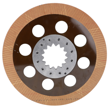 A circular metal brake disc with a brown surface, featuring nine evenly spaced holes and a star-shaped central hole, designed specifically for the Massey Ferguson 3000 Series, made by AGCO under product code 3617653M91.