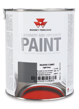 A 1-liter can of AGCO's Massey Ferguson Light Grey Paint (part number: 3620512M5) for agricultural machinery and implements, featuring label details and a barcode.
