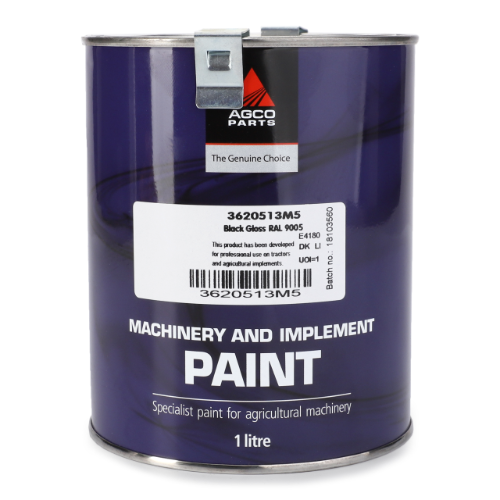 A 1-liter can of Massey Ferguson - Black Gloss Paint, product code 3620513M5, from the AGCO brand, labeled "specialist synthetic paint for agricultural machinery," perfect for your Massey Ferguson equipment. The label ensures top quality for all your Ballymoney needs.