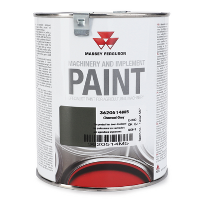A 1-liter can of AGCO's Massey Ferguson - Charcoal Grey Paint (product code 3620514M5) for agricultural machinery. The label includes details in English and multiple languages, showcasing Ballymoney's finest standards.