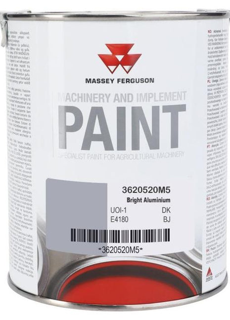 A 1-liter metal can of AGCO Massey Ferguson bright aluminum synthetic paint, labeled "Machinery and Implement Paint," with various text details and the company’s logo on the front.