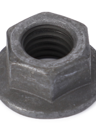 A metallic hex nut with a flange, featuring internal threading, commonly used in tractor parts or telescopic handler assemblies for brands like Massey Ferguson is the AGCO Massey Ferguson Nut Exhaust Manifold (3637108M1).