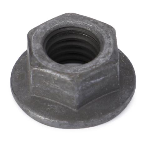 A metallic hex nut with a flange, featuring internal threading, commonly used in tractor parts or telescopic handler assemblies for brands like Massey Ferguson is the AGCO Massey Ferguson Nut Exhaust Manifold (3637108M1).