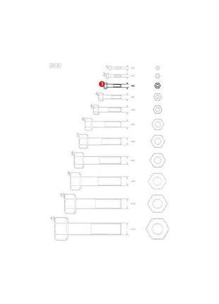 Diagram showcasing various sizes of bolts and hex nuts, labeled meticulously with product numbers and measurements, including a highlighted Massey Ferguson - Bolt M6x16 - 339560X1 by AGCO for easy identification.