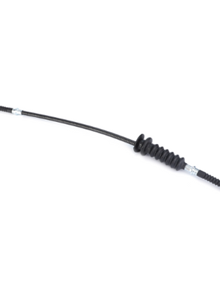 This image shows the AGCO Massey Ferguson - Clutch Cable Lo-Line (model number 3699304M92), a black rubber automotive brake cable with metal attachment points on both ends, similar to those used in the Massey Ferguson 300 Series.