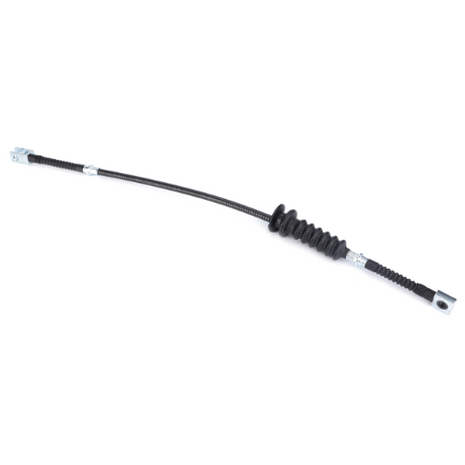 This image shows the AGCO Massey Ferguson - Clutch Cable Lo-Line (model number 3699304M92), a black rubber automotive brake cable with metal attachment points on both ends, similar to those used in the Massey Ferguson 300 Series.