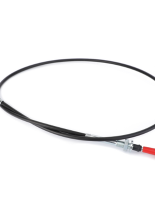 The AGCO Massey Ferguson - Stop Cable (3701714M93) is a black throttle control cable with a coiled wire and metal fittings at one end, featuring a red knob at the other end, designed specifically for Massey Ferguson 300 Series tractors.