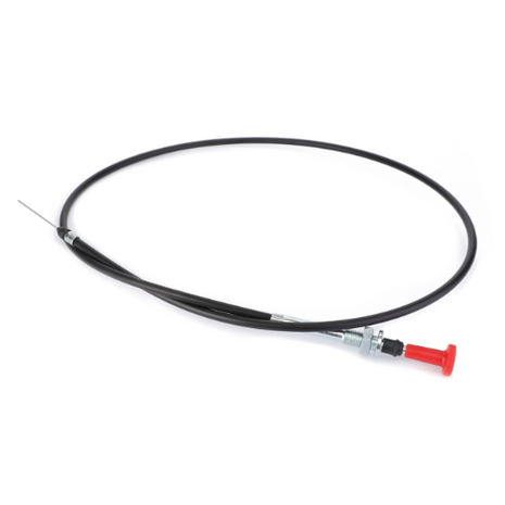 The AGCO Massey Ferguson - Stop Cable (3701714M93) is a black throttle control cable with a coiled wire and metal fittings at one end, featuring a red knob at the other end, designed specifically for Massey Ferguson 300 Series tractors.