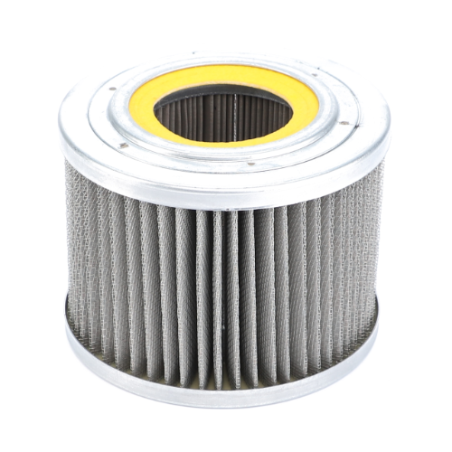 A Massey Ferguson - Filter - 3714453M2 from AGCO, featuring a cylindrical design with pleats, metal end caps, and a yellow rubber gasket on the top, designed to fit Massey Ferguson 5400 Series tractors.