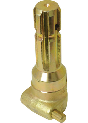 A Sparex PTO Adaptor (S.3737) features a brass fitting with a ridged cylindrical top, a smaller horizontal extension at the bottom, and includes a quick release pin for easy installation.