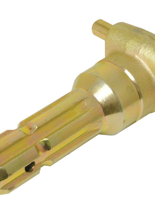 A brass-colored PTO Adaptor from Sparex, featuring a female spline 1 3/8'' - 6 on one end and a male spline 1 3/8'' - 6 on the other, complete with a quick release pin for easy attachment.