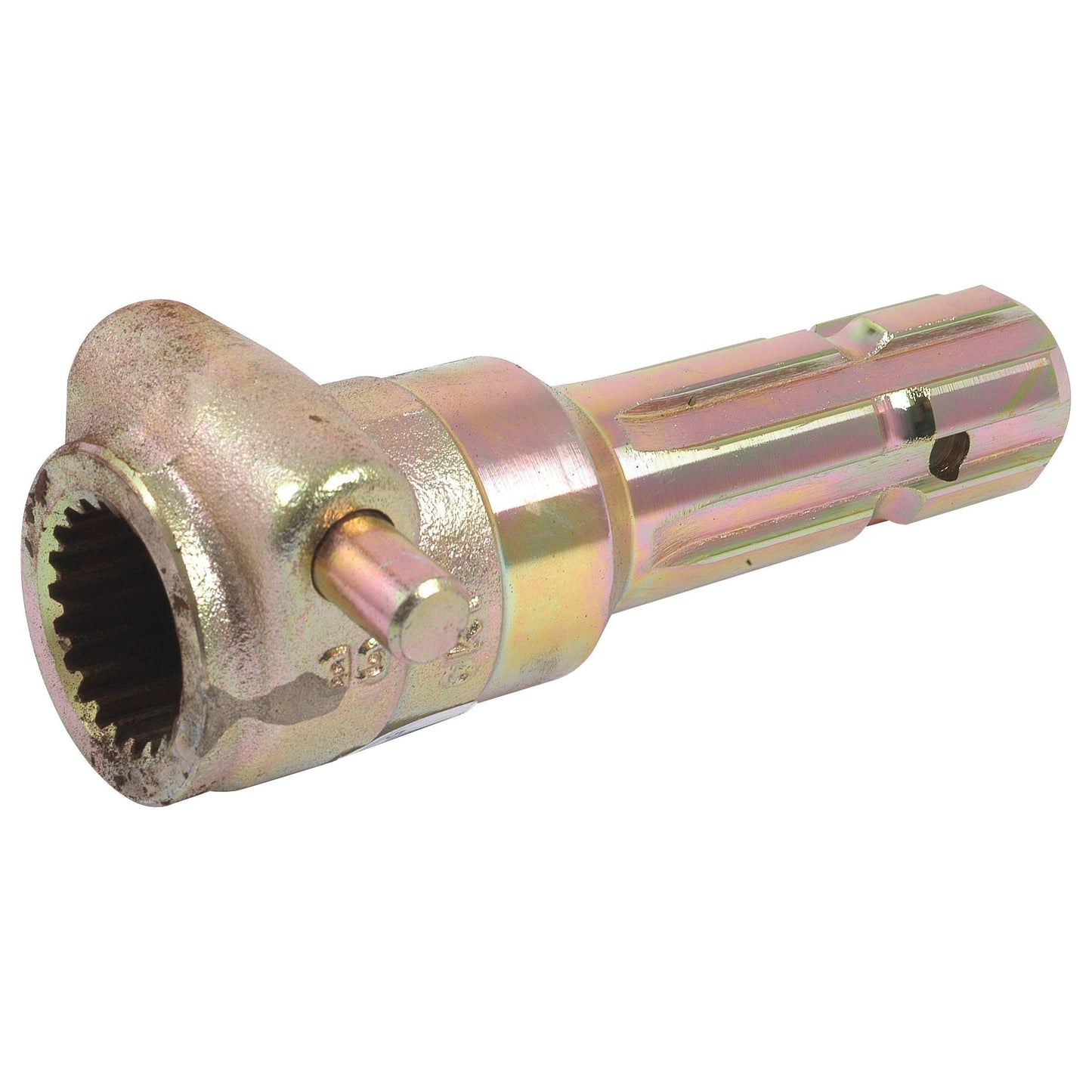 The Sparex PTO Adaptor - Female spline 1 3/8'' - 21 x Male spline 1 3/8'' - 6 with Quick Release Pin (S.3739) is a standard duty metal mechanical component featuring a cylindrical body, gear-like end, and a small protruding quick release pin.