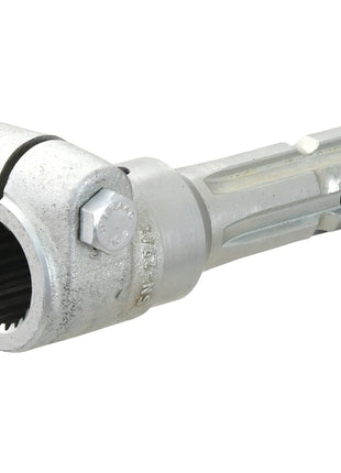 Close-up of a Sparex PTO Adaptor - Female spline 1 3/8'' - 21 x Male spline 1 3/8'' - 6 with Clamp Bolt (S.3743), featuring a splined end and two bolts securing the clamp. The adaptor has a machined appearance with a grooved end for attachment.