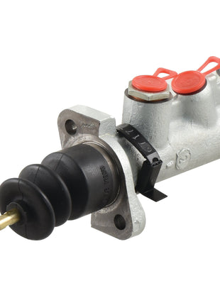 A silver Brake Master Cylinder (Sparex Part No. S.37650) by Sparex for a Fendt FARMER, featuring a black rubber push rod and two red-capped openings on top.