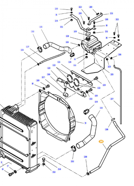 Exploded-view diagram of a radiator assembly for the Massey Ferguson MF 5470 tractor, showcasing various components such as a fan, hoses, clamps, and bolts. Each part is labeled with numbers for identification, including the AGCO brand Massey Ferguson Pipe (part number 3779605M1).