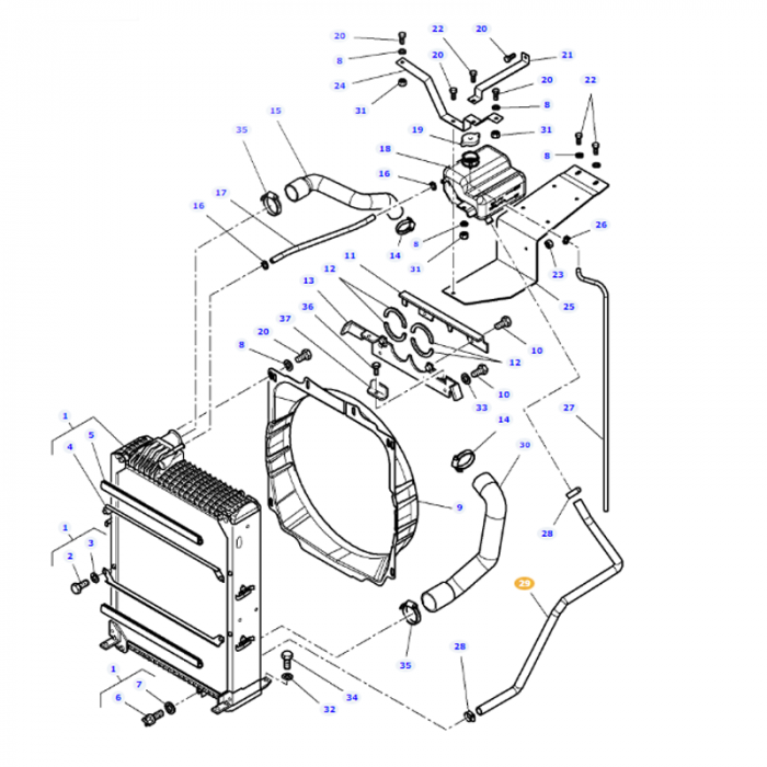 Exploded-view diagram of a radiator assembly for the Massey Ferguson MF 5470 tractor, showcasing various components such as a fan, hoses, clamps, and bolts. Each part is labeled with numbers for identification, including the AGCO brand Massey Ferguson Pipe (part number 3779605M1).