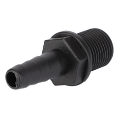 Image of the AGCO Massey Ferguson - Plastic Union - 3788158M1, a black plastic hose adapter with a barbed end on one side and a threaded end on the other, ideal for Massey Ferguson 5400 Series tractor parts.