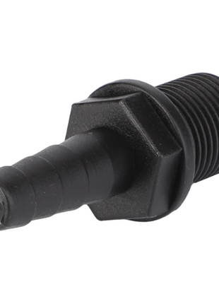 Image of the AGCO Massey Ferguson - Plastic Union - 3788158M1, a black plastic hose adapter with a barbed end on one side and a threaded end on the other, ideal for Massey Ferguson 5400 Series tractor parts.