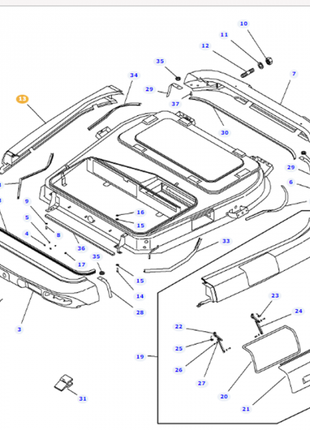 Diagram of vehicle parts with each component numbered. The image shows various car body parts including bumpers, side panels, and a sunroof assembly, along with a detailed inset of the Massey Ferguson - Right Hand Visor - 3788209M93 by AGCO.