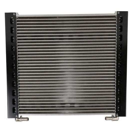 A car radiator resembling the AGCO Massey Ferguson Oil Cooler (Part Number: 3789539M2), featuring visible metal fins and two inlet and outlet pipe connections at the bottom, akin to those used in Massey Ferguson tractor models.