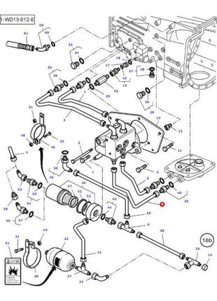 Exploded view of the Massey Ferguson - Tube - 3792306M1 mechanical assembly by AGCO, showcasing numbered parts and connections. Components include pipes, fittings, a pump, and various fasteners. A diagram for technical reference.