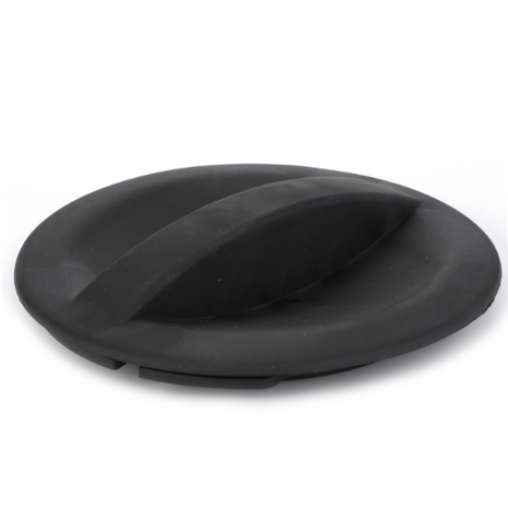 A round, black silicone pot lid with a central handle, echoing the robust durability of Massey Ferguson's 400 Series tractors, rests on a flat surface. This product is the AGCO Massey Ferguson Cover - 3800373M1.