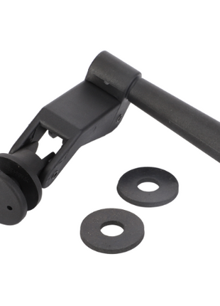 A black, L-shaped Massey Ferguson - Side Window Bracket (Left) - 3806549M91 by AGCO, featuring a cylindrical grip, commonly used in Massey Ferguson XTRA series tractor models, accompanied by a circular flat washer and a flat rubber washer.