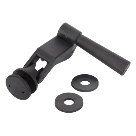 A black, L-shaped Massey Ferguson - Side Window Bracket (Left) - 3806549M91 by AGCO, featuring a cylindrical grip, commonly used in Massey Ferguson XTRA series tractor models, accompanied by a circular flat washer and a flat rubber washer.