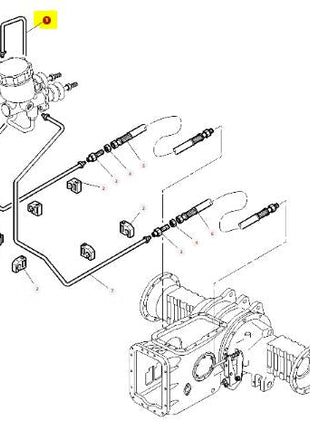 Exploded view diagram of the AGCO Hydraulic Tube - 3807732M92 mechanical assembly, featuring labeled components, hydraulic tubes, and lines illustrating connections. This design guarantees optimal performance under extreme temperatures and a wide range of pressures.