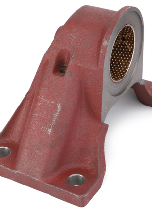 A Massey Ferguson - Bearing Carrier - 3810629P92 by AGCO, featuring a red metal housing with mounting holes and a brass-colored cylindrical insert, compatible with Massey Ferguson 4200 Series tractors.