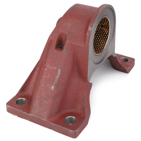 A Massey Ferguson - Bearing Carrier - 3810629P92 by AGCO, featuring a red metal housing with mounting holes and a brass-colored cylindrical insert, compatible with Massey Ferguson 4200 Series tractors.