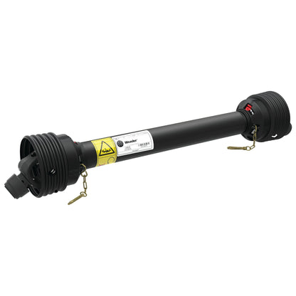 The Weasler PTO Shaft by Sparex, measuring 710mm in length and featuring a 1 3/8'' x 6 Spline Q.R. at both ends, is a black mechanical component with flanged ends and a cylindrical body. It incorporates caution labels and safety chains at each end, epitomizing the robust engineering of the German Series.