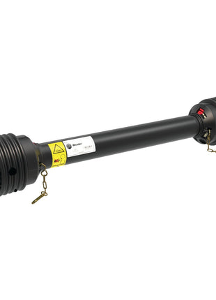 The Sparex Weasler PTO Shaft, model S.39033, is 1210mm in length and features a 1 3/8'' x 6 spline Q.R. to 1 3/8'' x 6 spline overrunning clutch (clockwise). This black shaft comes with yellow warning labels and safety chains attached at both ends, designed for transferring mechanical power from a tractor to an implement.