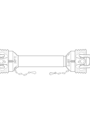 A technical, monochrome illustration depicts a top view of the Sparex Weasler PTO Shaft - S.39034, which measures 710mm in length. This shaft features connectors at both ends and chains attached to each connector. The design incorporates an overrunning clutch with an anti-clockwise function, enhancing the efficiency of the PTO series and boosting the horsepower rating.