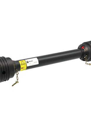 A black cylindrical mechanical component with connectors and safety labels on each end, featuring brass retaining clips and an industrial design. This Weasler PTO Shaft, branded as Sparex S.39038, from the German Series ensures reliability and high HP rating performance with its 1010mm length and 1 3/8'' x 6 spline Q.R. to ratchet clutch connection.