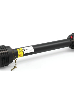 A black, extra-large cylindrical device with threaded ends and metal attachments, labeled "Sparex." Text and warning symbols are also visible on the PTO Guard - Easylock (Lz), Length: 510mm, Sparex Part No. S.39090.