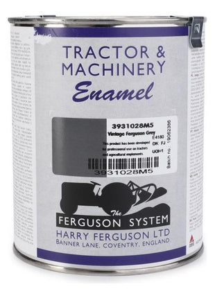 A 1lt tin of synthetic enamel paint designed for tractor and machinery use, featuring "Ferguson Vintage Grey" by AGCO. This genuine Massey Ferguson product, labeled as Massey Ferguson - Ferguson Vintage Grey Paint 1lts - 3931028M5, displays a barcode, product description, and manufacturer's details.