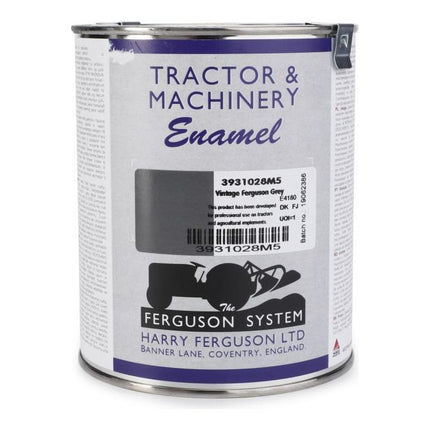 A 1lt tin of synthetic enamel paint designed for tractor and machinery use, featuring "Ferguson Vintage Grey" by AGCO. This genuine Massey Ferguson product, labeled as Massey Ferguson - Ferguson Vintage Grey Paint 1lts - 3931028M5, displays a barcode, product description, and manufacturer's details.