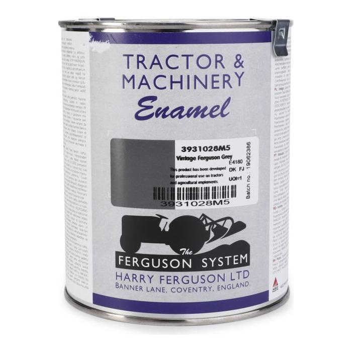 A 1lt tin of synthetic enamel paint designed for tractor and machinery use, featuring "Ferguson Vintage Grey" by AGCO. This genuine Massey Ferguson product, labeled as Massey Ferguson - Ferguson Vintage Grey Paint 1lts - 3931028M5, displays a barcode, product description, and manufacturer's details.
