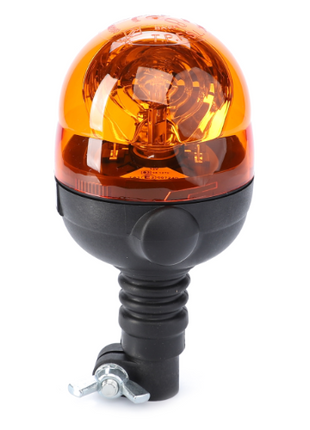 The AGCO Massey Ferguson Rotating Beacon, Bulb 12V 55W included (3933622M91), features an orange light with a black base, universal mounting bracket, and is compatible with beacon pole mounts suitable for tractors.