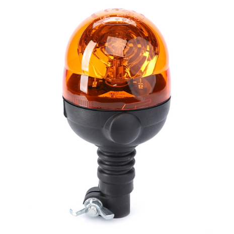 The AGCO Massey Ferguson Rotating Beacon, Bulb 12V 55W included (3933622M91), features an orange light with a black base, universal mounting bracket, and is compatible with beacon pole mounts suitable for tractors.